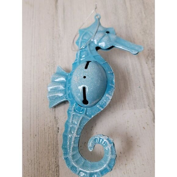 Metal Glitter blue seahorse bell ornament Xmas decor ocean beach - Picture 5 of 5
